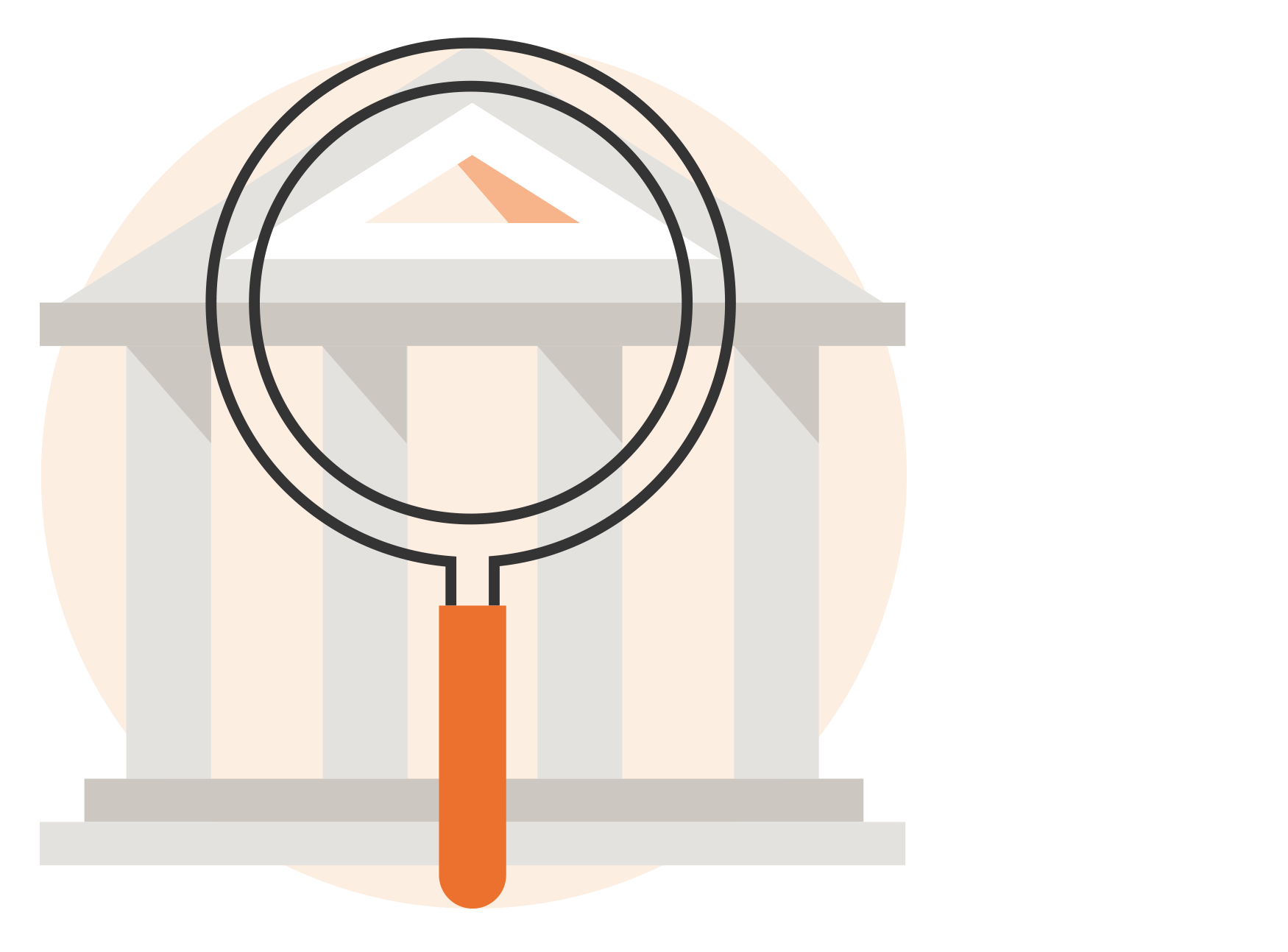 Illustrated icon of magnifying glass over building with large columns