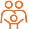 orange line drawing of two people and a child